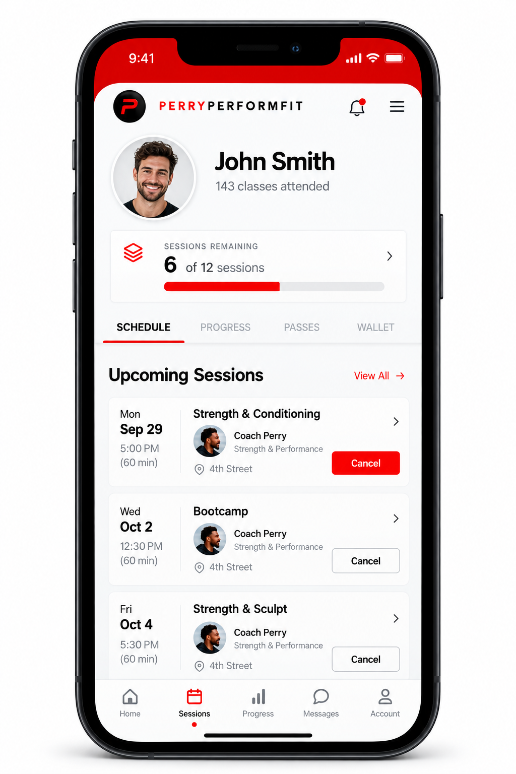 The PerryPerformFit app showing sessions remaining and upcoming sessions
